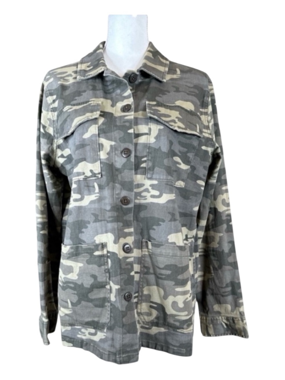SANCTUARY Gray Camo Button Front Utility Jacket w/Pockets, Size L.